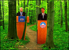 McCain & Obama in woods