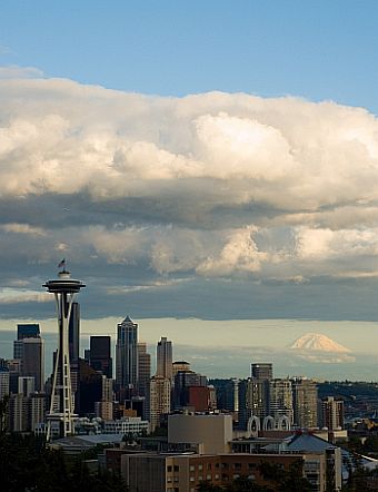 Space Needle with low clouds