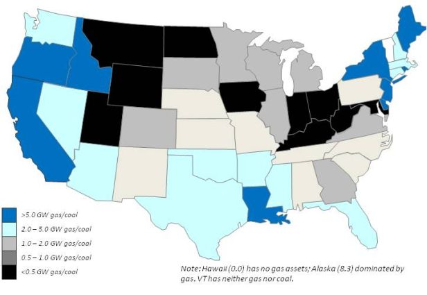 Installed Gas Capacity / Installed Coal Capacity, by State.