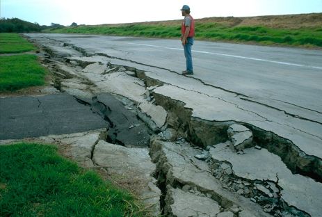 Road damage following an earthquake. 