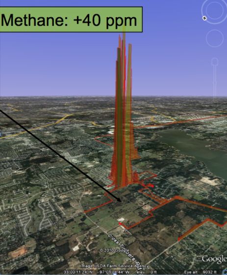 This is an image created by a mashup of the methane concentrations recorded by the Picarro analyzer in Flower Mound, Texas, overlaid on a Google map.