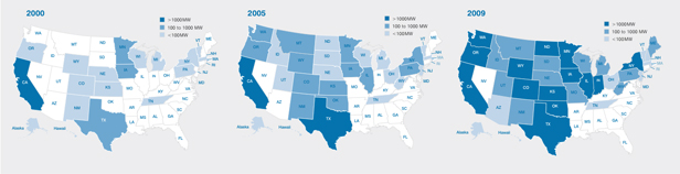 Maps of US wind-farm concentrations