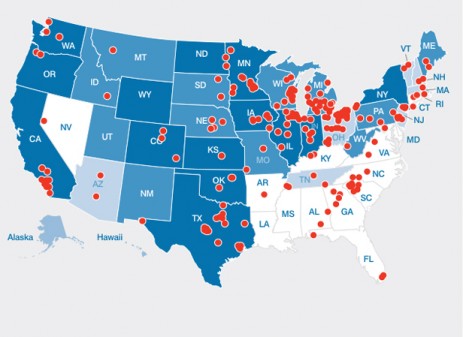 Map with red dots representing wind manufacturing facilities