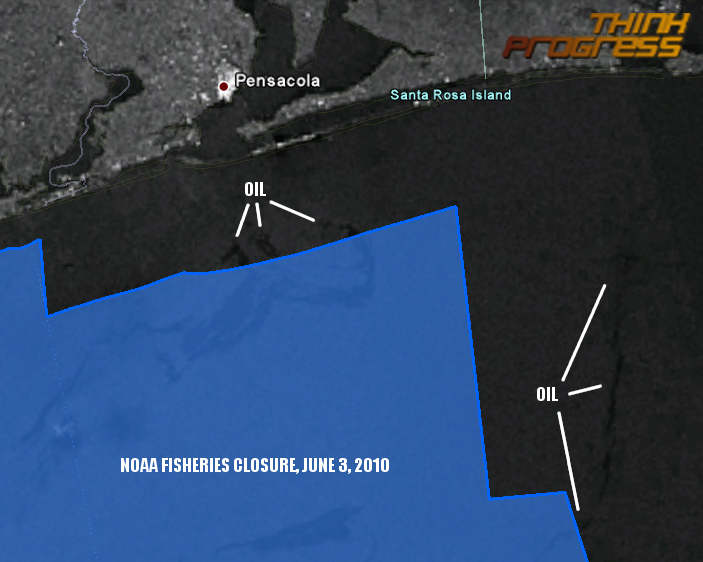 Map created by the Center for American Progress Action Fund from Google Earth, NOAA’s June 3, 2010 fisheries closure map and Envisat’s June 3, 2010 radar image of the Gulf of Mexico processed by the University of Miami’s CSTARS group.