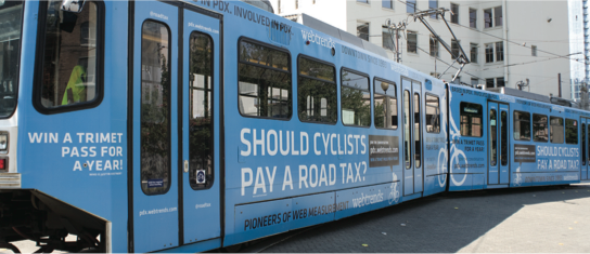 Bus with signs.