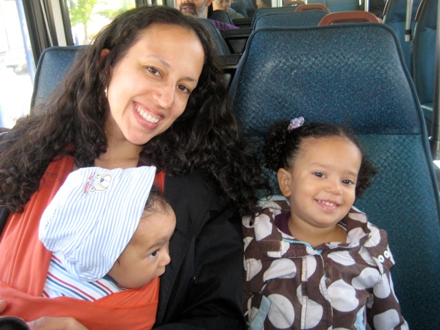 Carla Saulter on the bus with her kids.