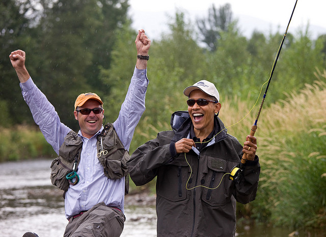 The president flyfishing in Montana.