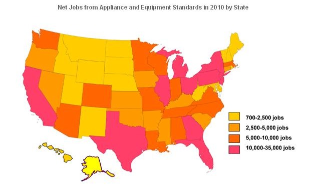 Net jobs from appliances and equipment standards in 2010 by state