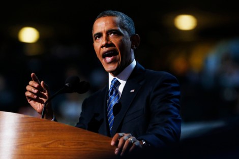 U.S. President Barack Obama addresses the final session of the Democratic National Convention. Photo by Reuters / Eric Thayer.