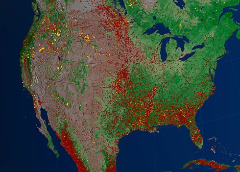 From the description: "Areas of yellow and orange indicate larger and more intense fires, while many of the less intense fires, shown in red, represent prescribed burns started for brush clearing and agriculture and ecosystem management." Click to embiggen.