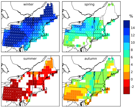 Precipitation change, in percent. Click to embiggen.