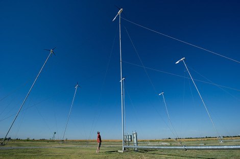 These wind turbines popped up at the local John Deere dealership.