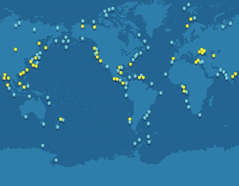 Stored mostly in broad, shallow layers beneath the seafloor, methane hydrate is, by some estimates, twice as abundant as all other fossil fuels combined. The yellow squares show where methane hydrate has already been recovered; the blue dots, where it is thought to exist.