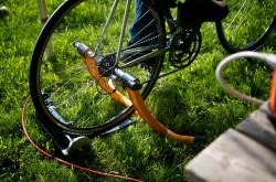 A bicycle-powered generator.