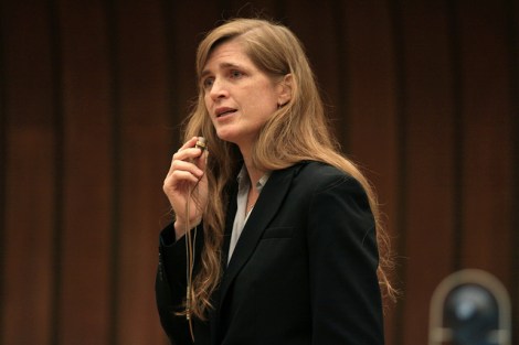 Samantha Power speaking in Geneva in 2009.