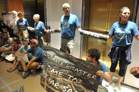 protesters chained in hallway