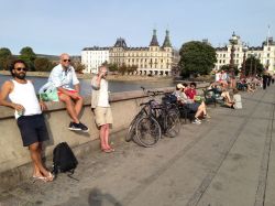 A summer evening on the "hipster bridge," which carries 40,000 bikes each day.