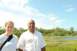 Kirsten Howard and Tancred Miller at the living shorelines project at Pine Knoll Shores, N.C.