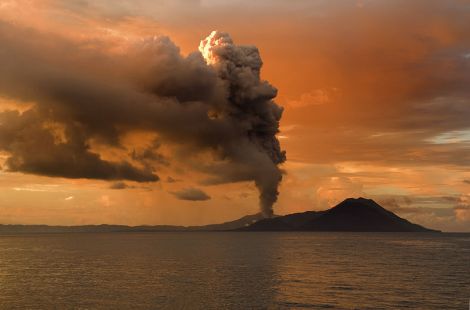 The eruption of the volcano Tavurvur in Papua New Guinea in 2009. Small tropical volcanic eruptions are probably one factor behind the recent global warming slowdown.