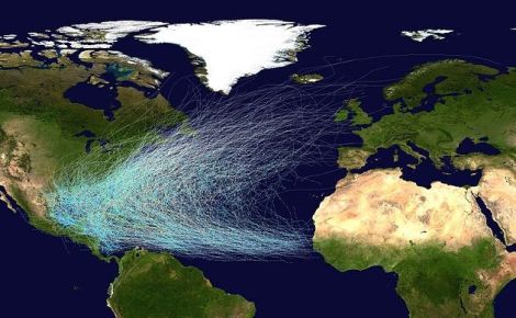 The tracks of all Atlantic hurricanes from 1851 through 2012. So far, 2013 would add nothing to this image: There haven't been any hurricanes.