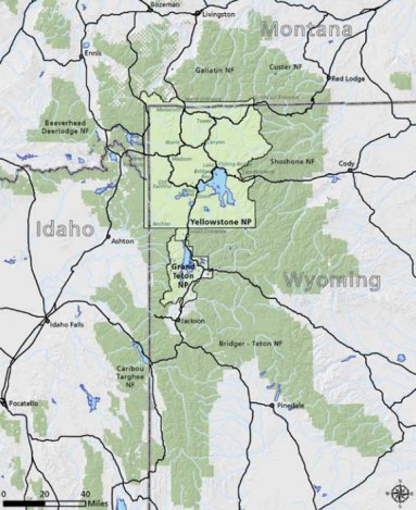 The Greater Yellowstone Ecosystem covers 28,000 square miles in parts of Montana, Wyoming, and Idaho.