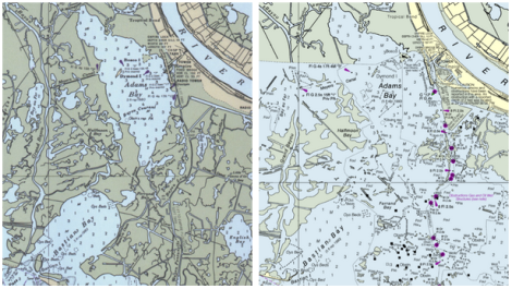 Coastal erosion has dramatically changed the size and shape of Adams Bay and Bastian Bay, once far more distinct waterways .