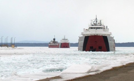 The trip across Lake Superior to the Soo Locks, which usually takes 28 hours, took these first ships of the season nine days. A third ship had to return to Duluth after being damaged by the ice.