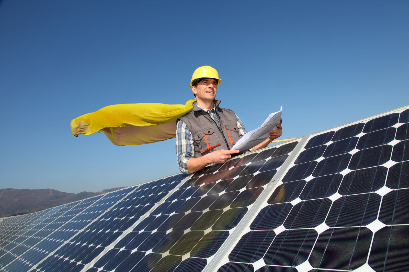 solar installer with a superhero cape