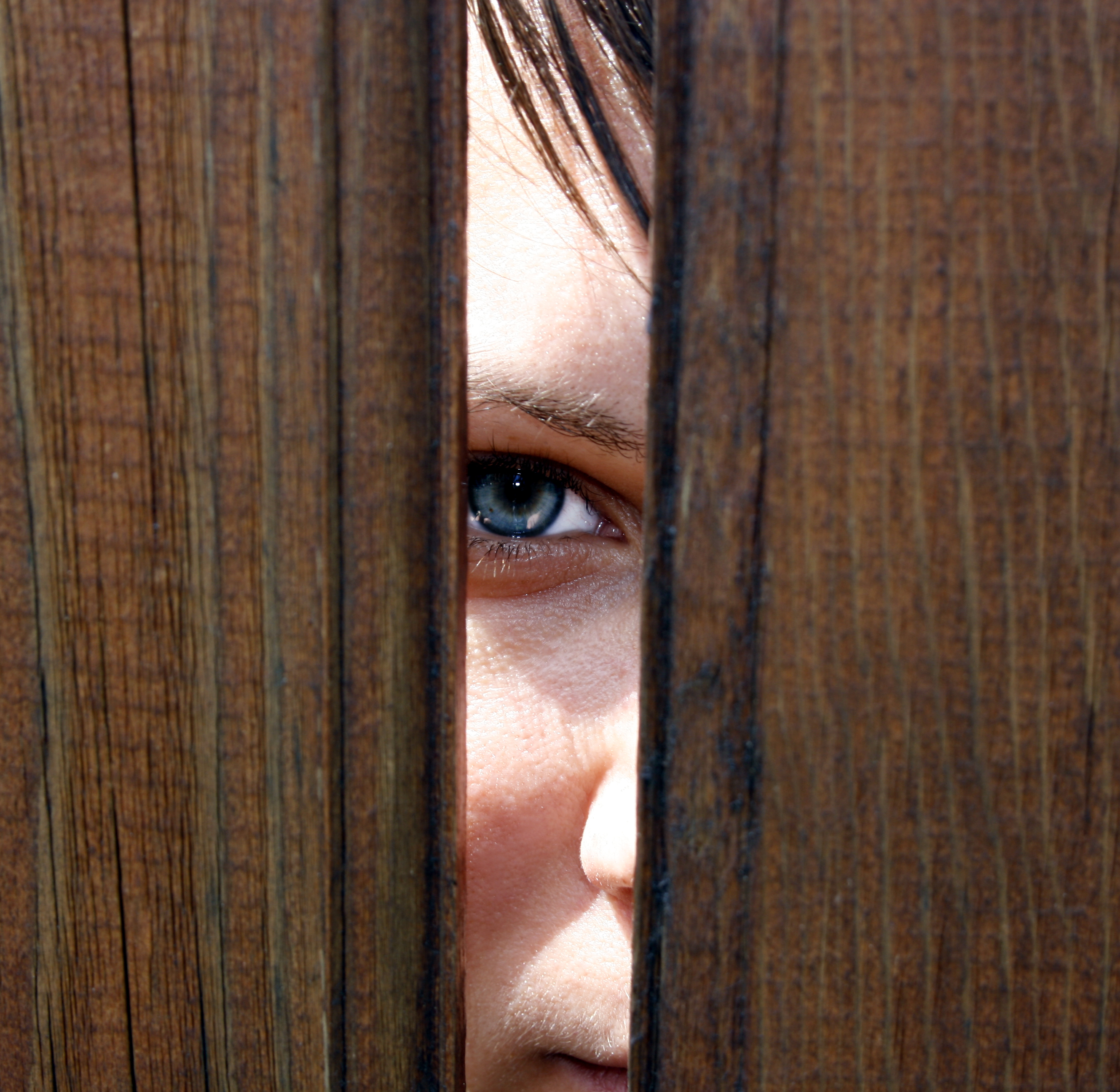 Creepy face staring through fence.