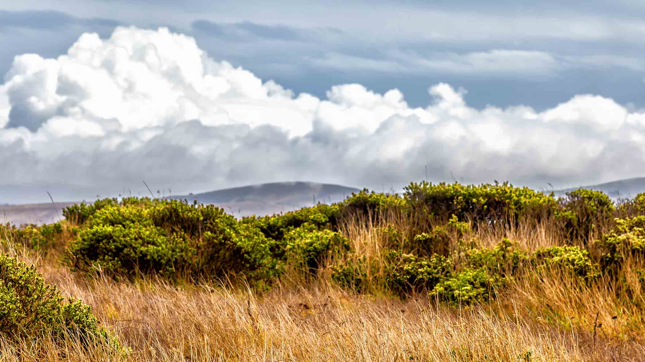 dry California hills with clouds overhead