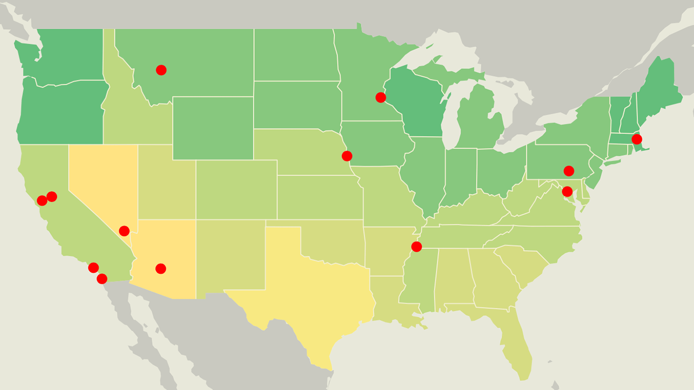 U.S. map with red dots