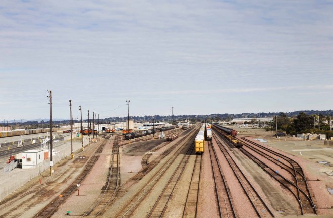 Train cars are parked at the Kinder Morgan rail facility in Richmond, CA. The facility is currently permitted to offload Bakken crude from unit trains.