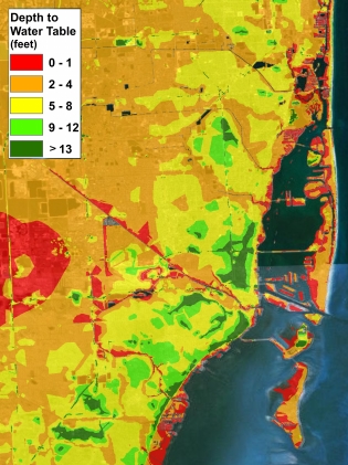 Map of the Miami area, where colors indicate the depth to the water table. A lot of area is covered by 0-4 feet, including all of Miami Beach.