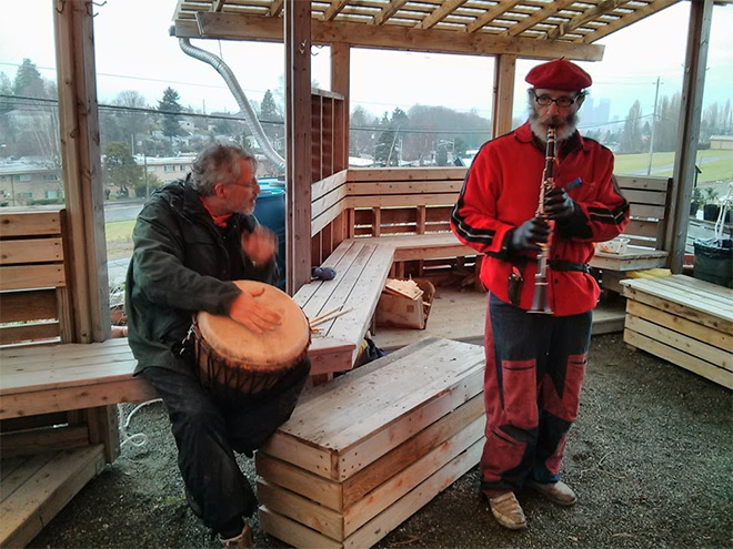 Work party jamming at the Beacon Food Forest.