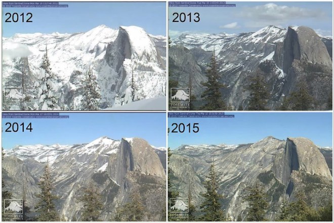 A series of webcam photos of Half Dome in Yosemite National Park, taken each mid-March from 2012 to 2015, vividly illustrates the effects of the multi-year drought. 