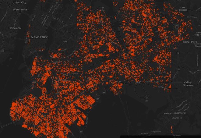 The red dots represent London Plane trees, New York's most populous species.