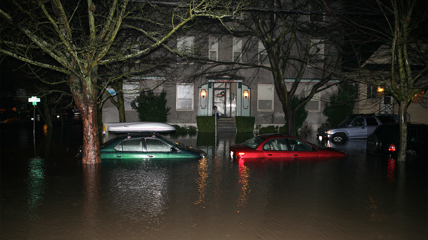 A flooded street in the Capitol Hill neighborhood of Seattle after a rain storm in December 2006. 