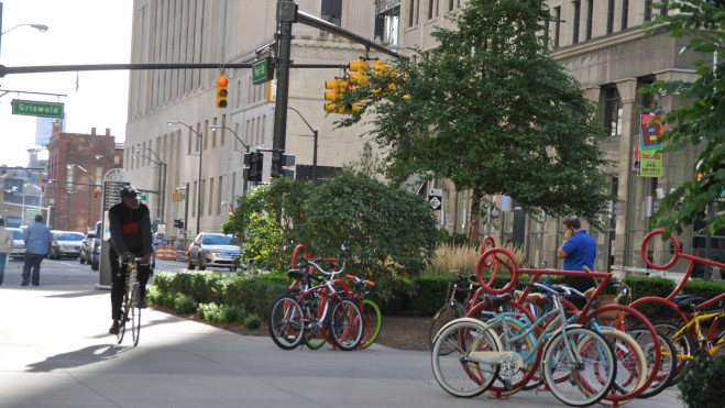 biking on a nice street corner in Detroit