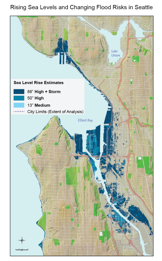 This map shows areas projected to be under sea level during high tide by 2100, assuming no adaptation.