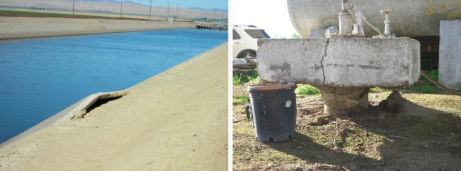 The wall of a canal (left) cracks as the earth around it sinks. The top of a well (right) is pushed up and out of the ground as the ground around it sinks.