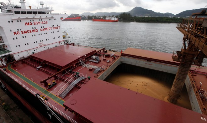 A ship is loaded with soybeans at Santos Port, Brazil