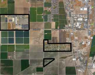 View of Tulare’s wastewater treatment plant (outlined in upper left corner) and Matheny Tract (outlined in lower right). The diagonal route right of Matheny Tract is the railroad referred to by Dorman.