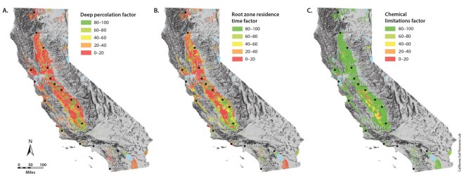 Fig. 3. Spatial extent of Soil Agricultural Groundwater Banking Index factors (A) deep percolation, (B) root zone residence time and (C) chemical limitations.