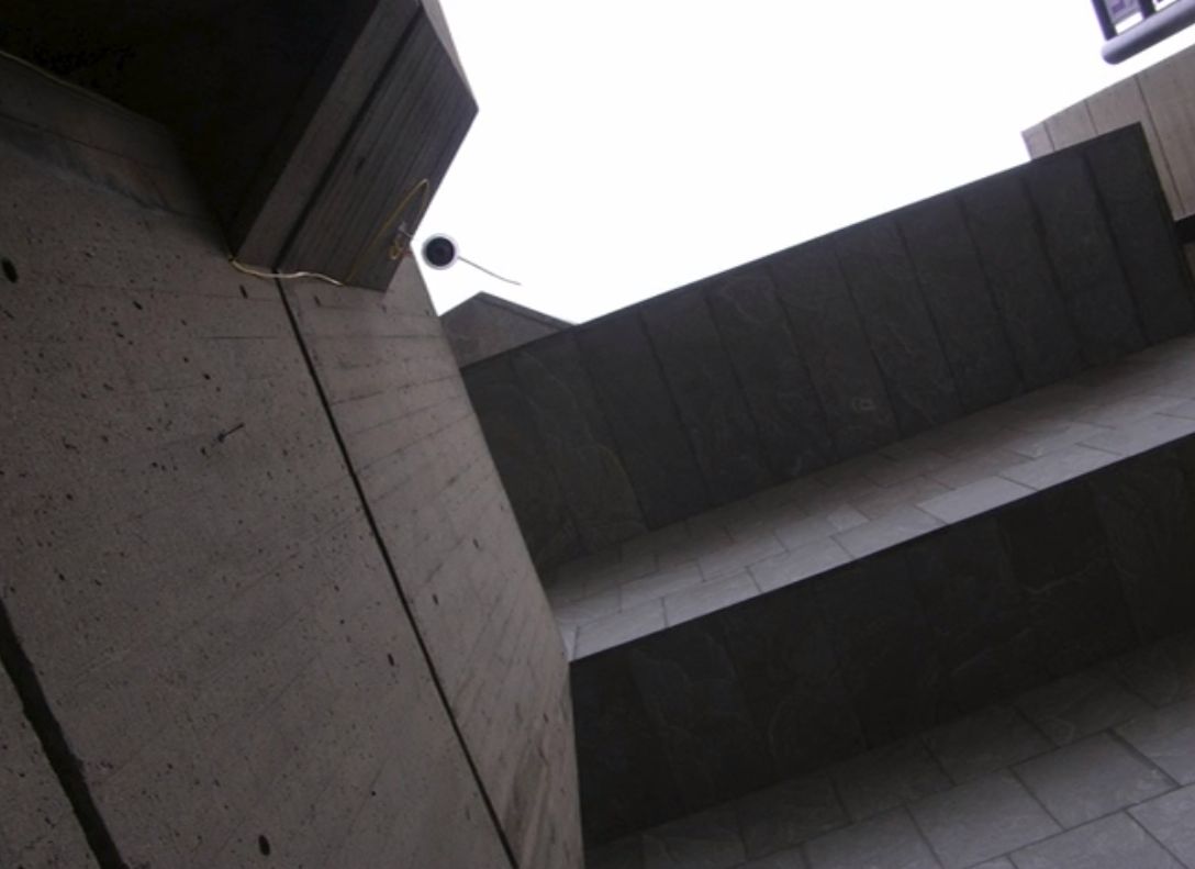 The view from below one of the bird perches Jeremijenko installed at the old Whitney Museum for her exhibit "For the birds."