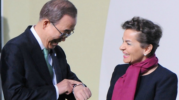 U.N. Secretary General Ban Ki-Moon talks to U.N. Framework Convention on Climate Change executive secretary Christiana Figueres.