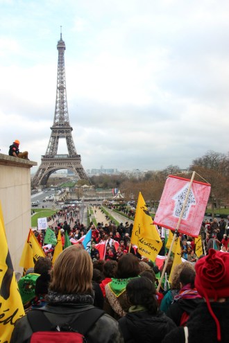 protest in front of Eiffel Tower