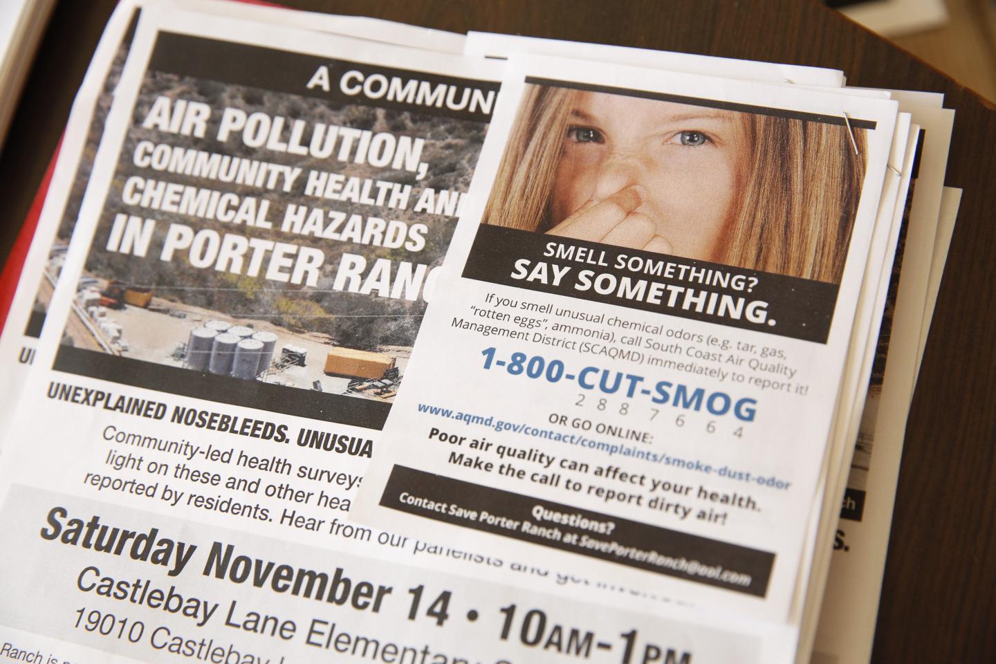 A flyer for "Smell Something? Say Something" warns Porter Ranch residents of the leak. Natural gas has been spewing out at a rate of up to 100,000 pounds since October, according to state officials.