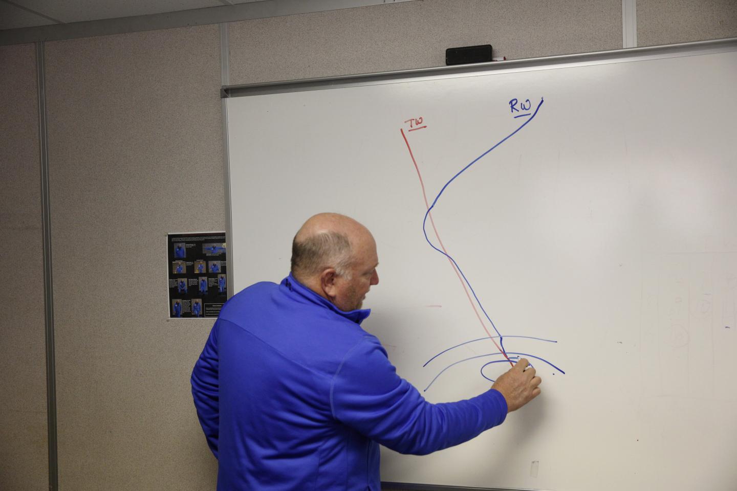 Rodger Schwecke of SoCalGas draws a basic diagram of how the relief well will intercept and stop the leak, Dec. 30, 2015. If successful, the leaks will be stopped within months, but the environmental impact won't be fully seen for years.