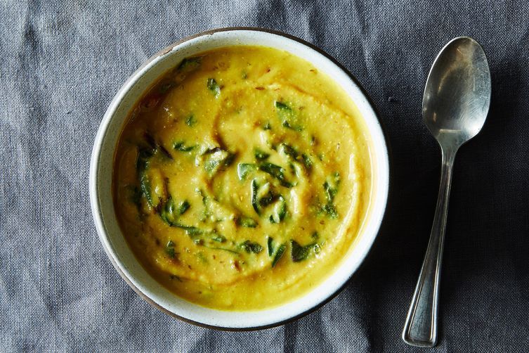 Red lentils blitzed into a soup.