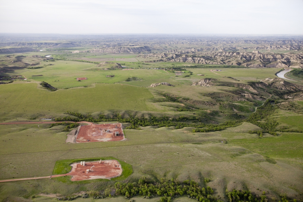 Oil and gas wells in the Bakken Shale region of western North Dakota near Theodore Roosevelt National Park.